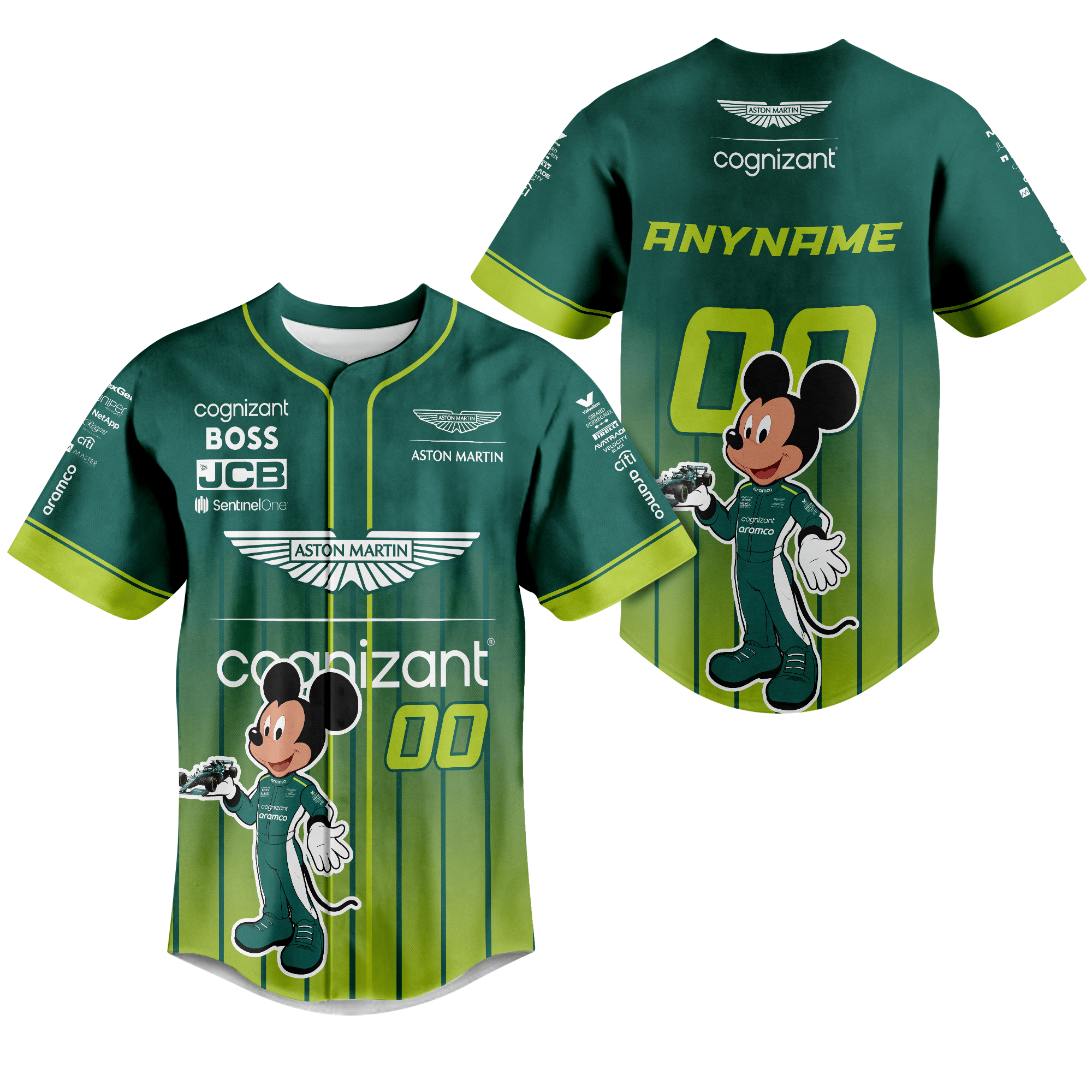Personalized Aston Martin Aramco Cognizant Formula One Team x Mickey baseball jersey