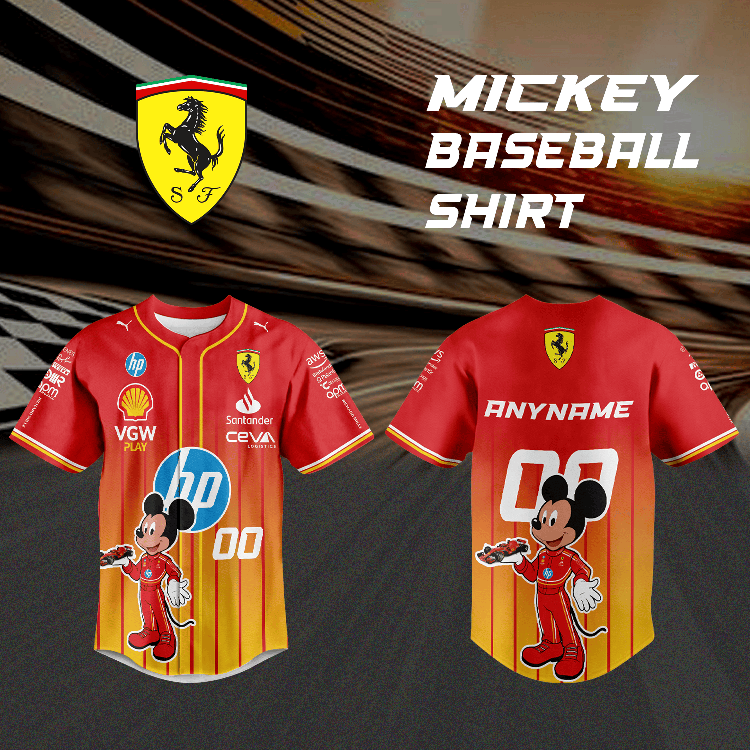 Personalized Scuderia Ferrari x Mickey baseball jersey