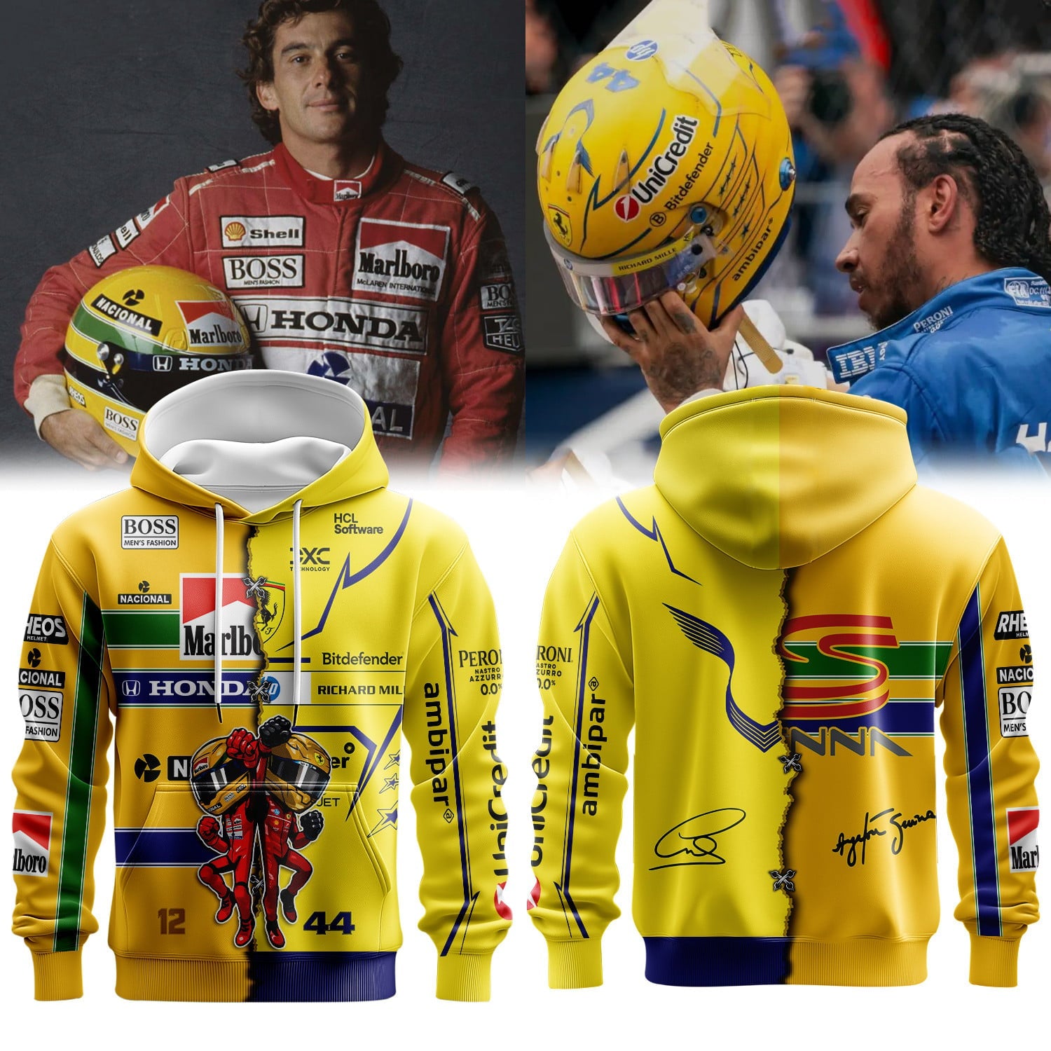 Ayrton Senna x Lewis Hamilton Legendary Helmet Hoodie